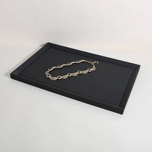 GemeShou Gemehou faux PU leather Jewelry Viewing Tray, Stackable Jewelry Plate, Rectangle Jewelry showcase, Empty Jewelry tray for Necklace Bracelet Ring Earring Watch (Black-Large, 17.7 x 11.8 in)