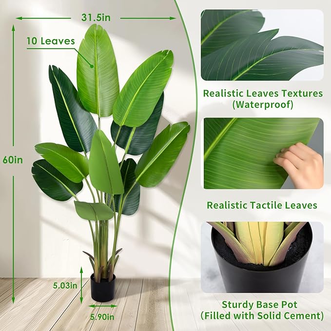 Artificial Bird of Paradise Plant 5.2Ft Fake Tropical Palm Tree with 10Trunks Faux Banana Leaf Trees in Pot for Home Indoor Outdoor Office Modern Decor Housewarming Gift（2Pcs）