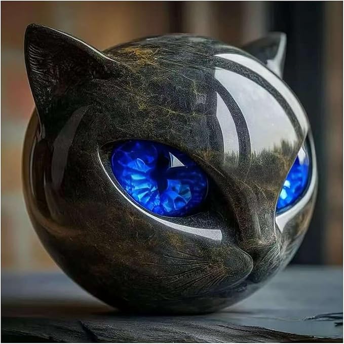 Luxury Black Cat Sculpture, Hand-Carved Crystal & Healing Stone Art Piece, Elegant Décor for Cat Lovers, Gift-Ready Memento for Home or Office, Blue
