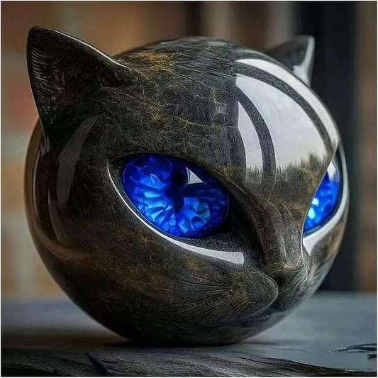 Luxury Black Cat Sculpture, Hand-Carved Crystal & Healing Stone Art Piece, Elegant Décor for Cat Lovers, Gift-Ready Memento for Home or Office, Blue