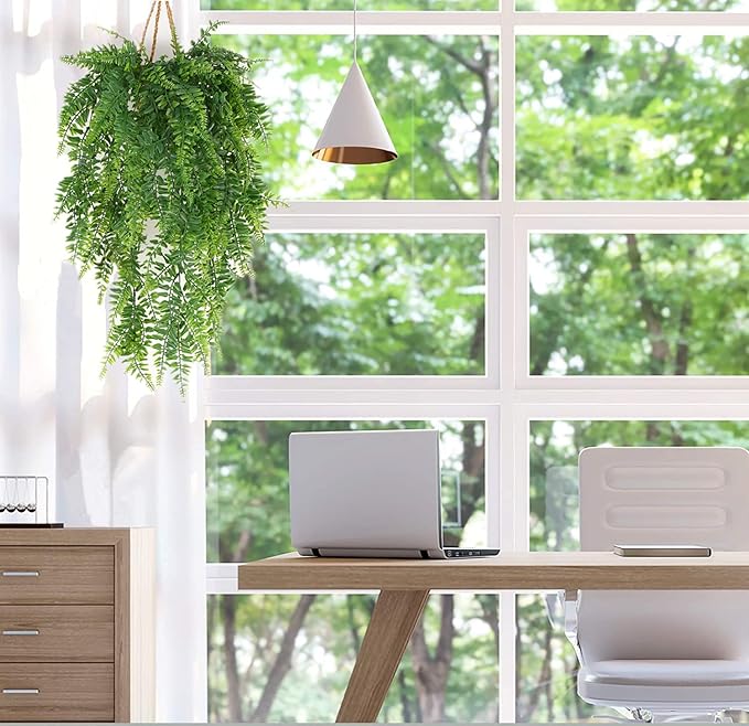 Artificial Boston Hanging Plants, Fake Ferns Ivy Plastic Plant Vine Faux Leaves UV Resistant Vines Greenery for Indoor Outdoor Bathroom Decor Office Garden Party Wedding DIY Decoration 4 Pack
