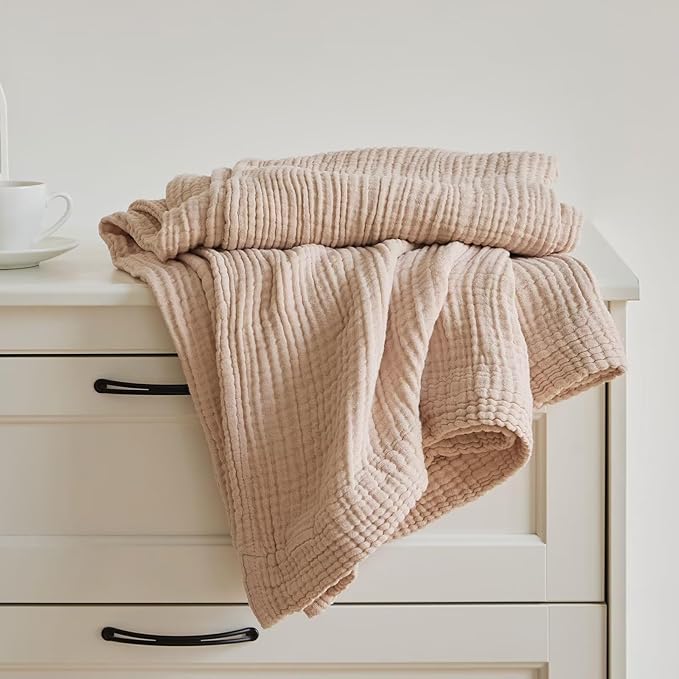 Pink 100% Cotton Throw Blanket 4-Layer Muslin for Couch Bed Living Room Bedroom Lightweight Breathable Airy Blanket for All Season Comfy Gauze Reversible Large Fall Blankets Gifts for Women