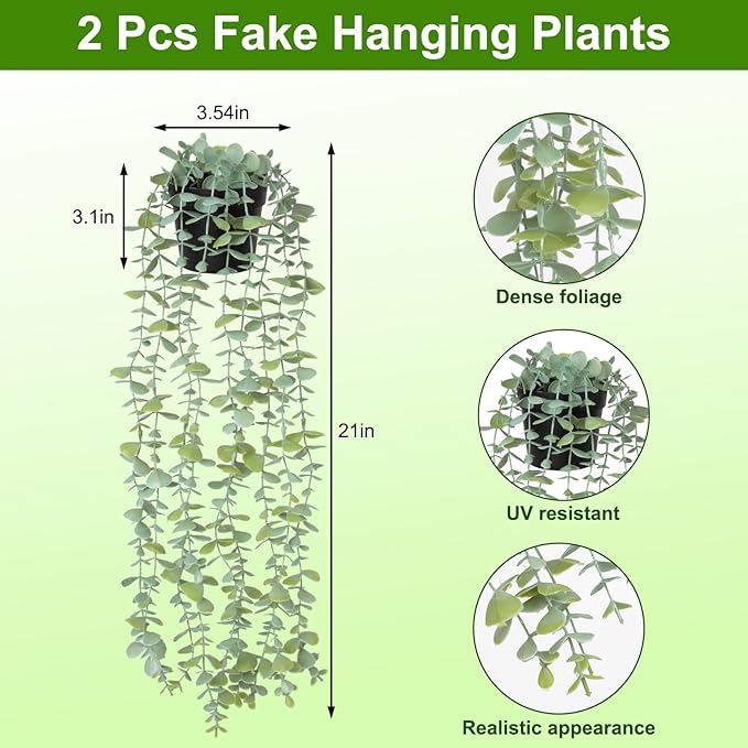 echosari 2 PCS Fake Hanging Plants, Artificial Potted Plants Eucalyptus, Greenery Faux Plants Indoor for Modern Boho Home Bedroom Wall Book Shelf Decor