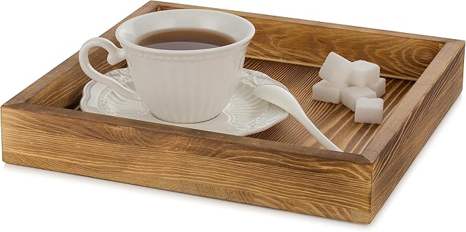 Hanobe Square Wooden Ottoman Tray: Small Square Torched Wood Farm House Serving Tray for Coffee Table Rustic Candle Organizer Storage for Remotes Keys Glasses 9.8