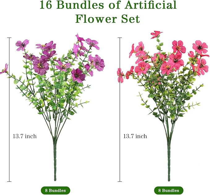 AGIRL 16 Bundles Artificial Flowers for Outdoor,No Fade Fake Plastic Flowers Faux Plants for Hanging Planters Decoration Indoor Outside Garden Porch Window Box Home Wedding