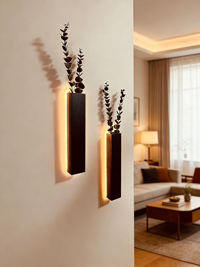 Artificial Eucalyptus with LED Lights Wall Planters Rustic Wall Decor with Lights Fake Vines for Home Decor Bedroom Living Room Bathroom Hanging Vase for Dried Flowers Faux Plants (Black)