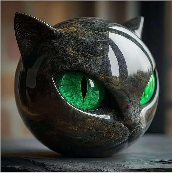 Luxury Black Cat Sculpture, Hand-Carved Crystal & Healing Stone Art Piece, Elegant Décor for Cat Lovers, Gift-Ready Memento for Home or Office, Green