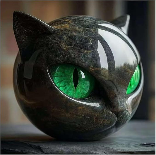 Luxury Black Cat Sculpture, Hand-Carved Crystal & Healing Stone Art Piece, Elegant Décor for Cat Lovers, Gift-Ready Memento for Home or Office, Green