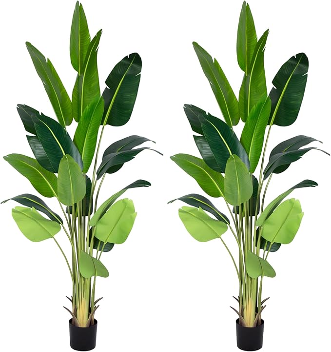 Artificial Bird of Paradise Plant 8Ft Fake Tropical Palm Tree with 18Trunks Faux Banana Leaf Trees in Pot for Home Indoor Outdoor Office Modern Decor Housewarming Gift（2Pcs）