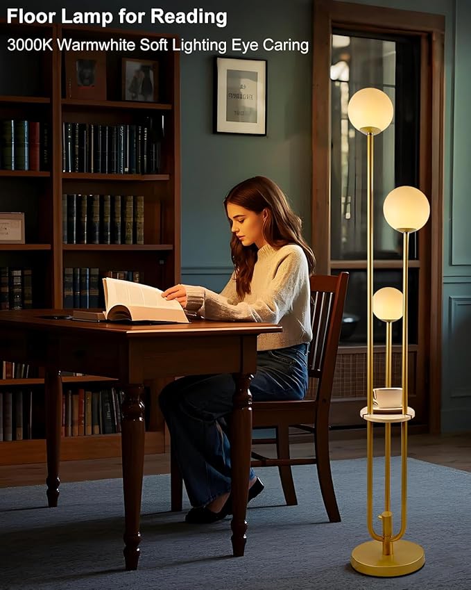 Lightdot 63IN Dimmable Gold Floor Lamp with Shelf Mid Century Standing Lamps with 3000K Bulbs Included with Candle Holder Style Modern Globe Floor Lamp for Living Room/Party/Sofa Beside/Corner Decor