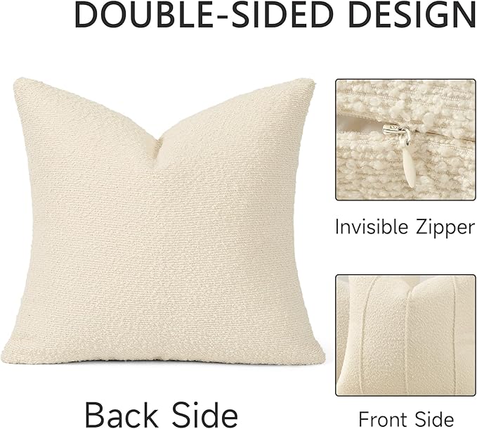 YCOLL Textured Boucle Throw Pillow Covers 18x18 Pack of 2 - Soft Neutral Striped Cushion Covers, Cozy Accent Decorative Pillow Covers for Couch, Sofa, Bed, Living Room (Cream)