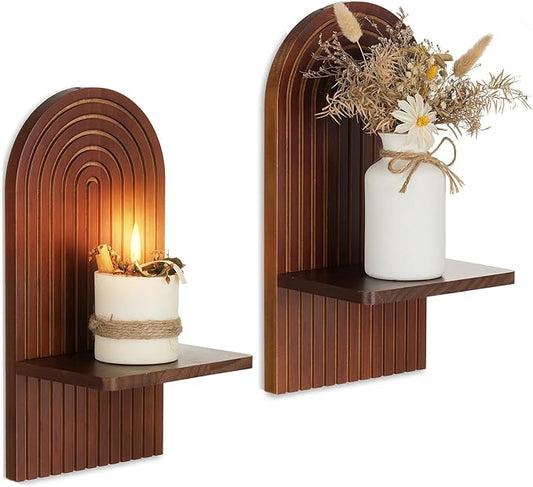 Mid Century Modern Candle Sconces: Set of 2 Walnut Boho Wall Candle Holder Decor for Living Room Fireplace - Arch Candle Shelf for Plants Pillars Candles