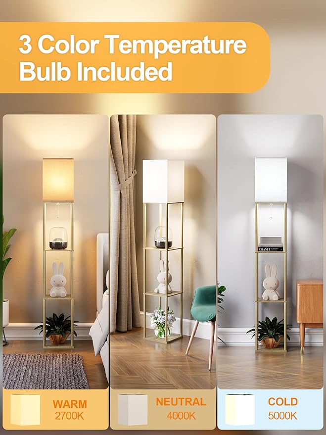 Floor Lamp with Shelves for Living Room Natural Wood, Shelf Floor Lamp with 3 CCT LED Bulb, Corner Display Standing Column Lamp Etagere Organizer Tower Nightstand with White Linen Shade for Bedroom