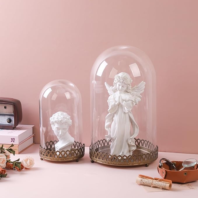 14" Tall Glass Dome with Metal Base Base in Antique Bronze for Terrarium, Plants, Trinkets, Cakes, Figurines, LED Light String, Candle. Cloche Glass Dome, Bell Jar Display Case, Mantle (1, 8"x14")