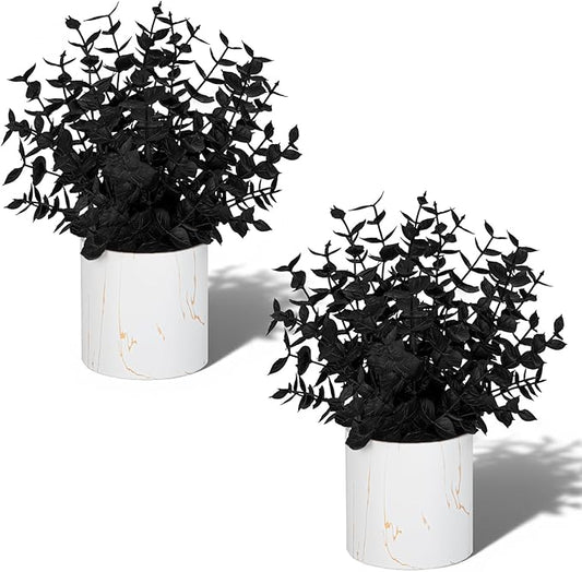 2 Pack Black Fake Eucalyptus Plants Potted, Small Artificial Plants in Marble Ceramic Pots, Black Christmas Decor for Shelf Desk Office Bathroom, Gothic & Minimalist Winter Home Decoration