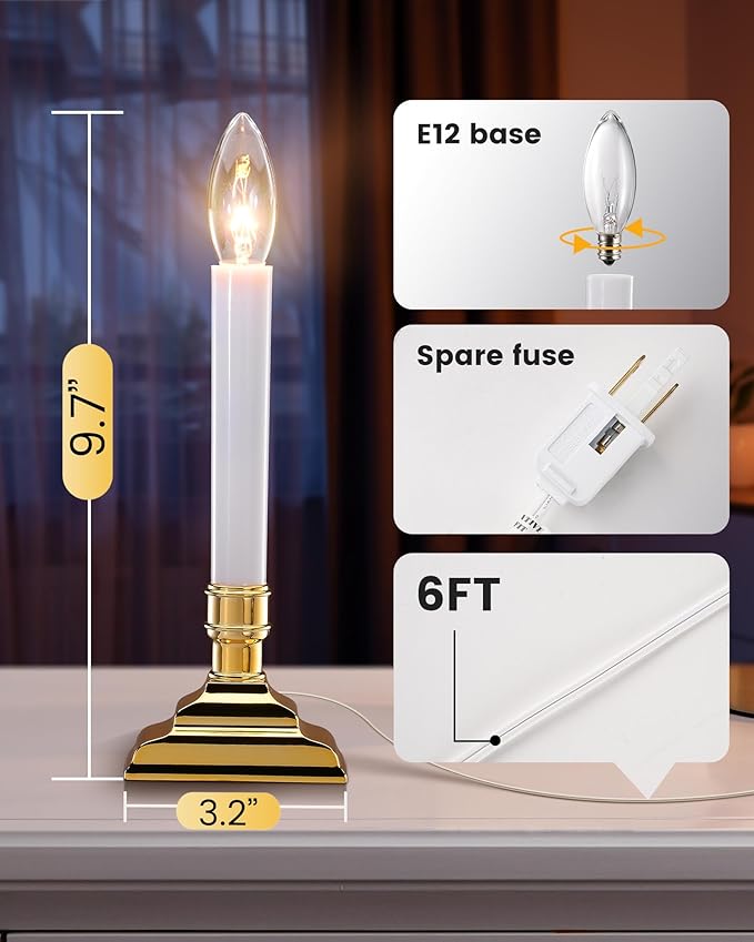 SURAIELEC 6 Pack Plug-in Window Candles, Dusk-to-Dawn Window Lights with Gold Candle Holders, Flameless Candlesticks for Christmas Window, Mantel, Dining Table, Gloss Gold, UL Listed
