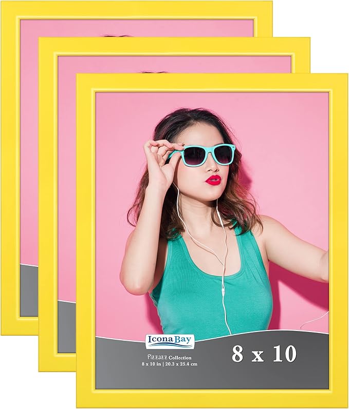 Icona Bay 8x10 Picture Frames (Yellow, 3 Pack), Colored Solid Wood Scandinavian Style Frames for Photo, Pizzazz Collection