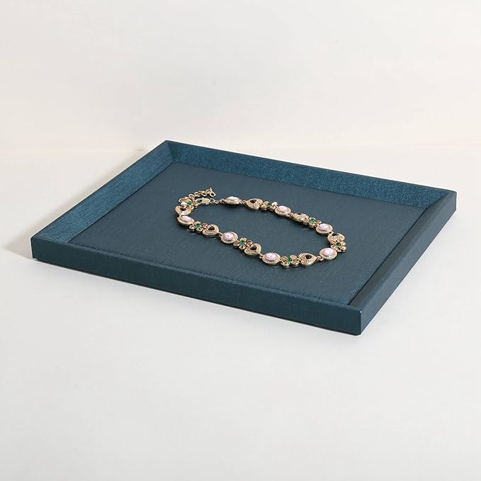 GemeShou Gemehou faux PU leather Jewelry Viewing Tray, Stackable Jewelry Plate, Rectangle Jewelry showcase, Empty Jewelry tray for Necklace Bracelet Ring Earring Watch (Green-Medium, 11.8 x 9.1 in)