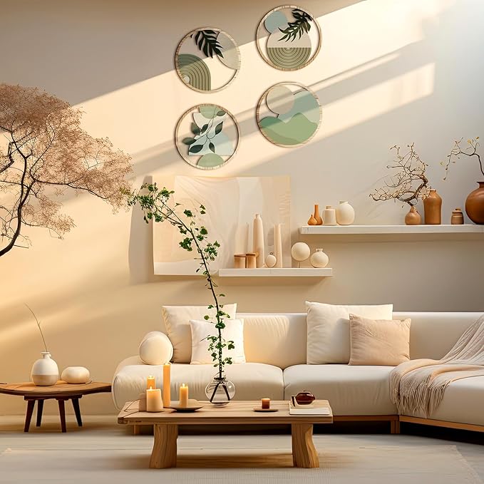 Qunclay 4 Pcs Boho Wall Art Bohemian Wooden Round Circle Wall Decor Hollow out Hanging Farmhouse Aesthetic for Bedroom Living Room Bathroom Bedroom Bathroom Patio Apartment Gift 10 Inch (Green)