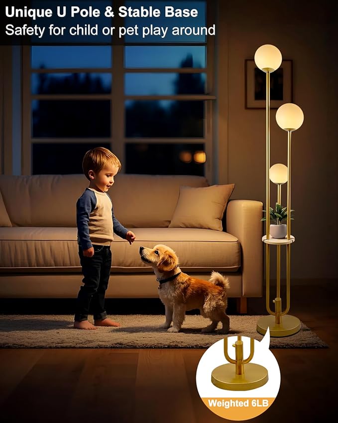 Lightdot 63IN Dimmable Gold Floor Lamp with Shelf Mid Century Standing Lamps with 3000K Bulbs Included with Candle Holder Style Modern Globe Floor Lamp for Living Room/Party/Sofa Beside/Corner Decor