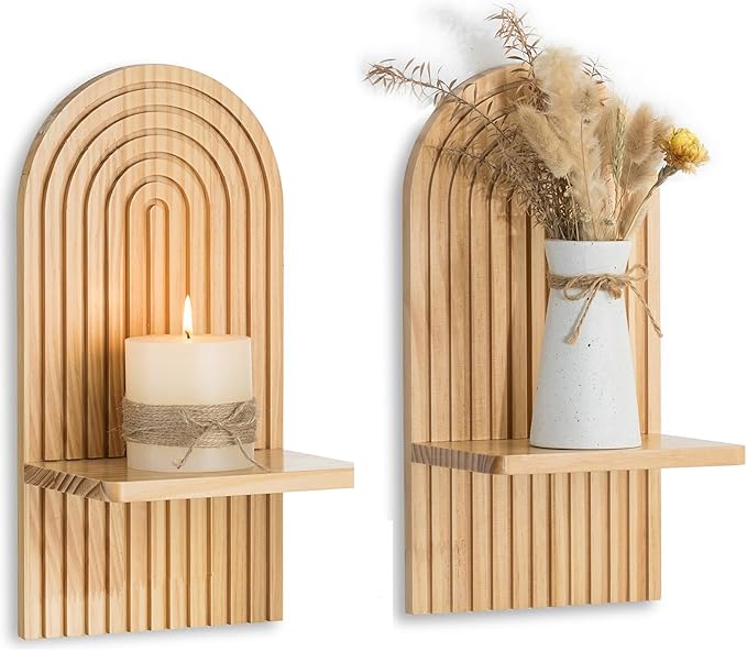 Boho Wall Decor Set of Two - Natural Modern Minimalist Mid Century Wall Candle Holder for Living Room - Wood Bohemian Decor for Bathroom Nursery Bedroom