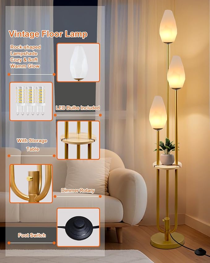 Lightdot Gold Floor Lamp with Tray, 3-Lights Dimmable Floor Lamps with Rock-Shaped Shade, Unique Candle Holder Style Modern Tall Lamp for Living Room/Party/Sofa Beside/Corner Decor(Bulbs Included)