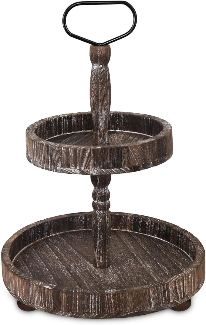 Farmhouse 2 Tiered Tray Stand for Home Decor, Wooden Serving Tray with Handle for Coffee Bar Table Centerpiece Round Seasonal Decorative Tiered Trays for Fruits, Desserts