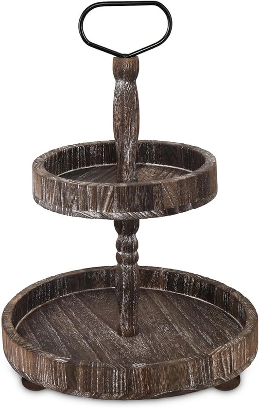 Farmhouse 2 Tiered Tray Stand for Home Decor, Wooden Serving Tray with Handle for Coffee Bar Table Centerpiece Round Seasonal Decorative Tiered Trays for Fruits, Desserts