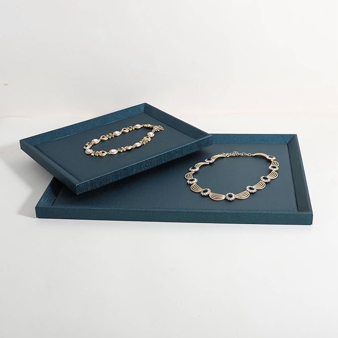 GemeShou Gemehou faux PU leather Jewelry Viewing Tray, Stackable Jewelry Plate, Rectangle Jewelry showcase, Empty Jewelry tray for Necklace Bracelet Ring Earring Watch (Green-Large, 17.7 x 11.8 in)