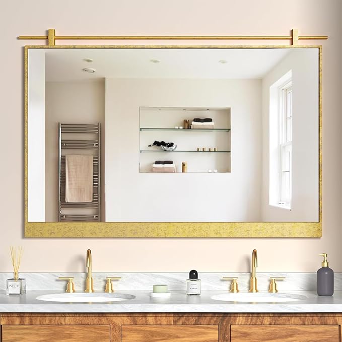 Gold Bathroom Mirror 28" x 40" Brushed Gold Rustic Rectangle Metal Frame Barn Door Farmhouse Bathroom Vanity Mirror for Over Sink, Foyer Entryway Decor