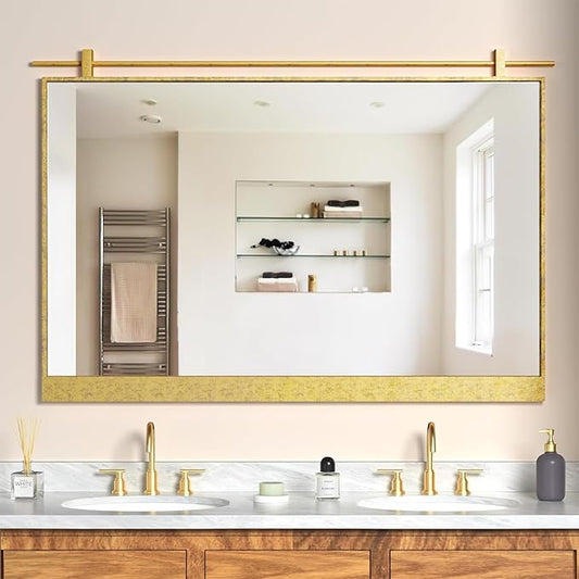 Gold Bathroom Mirror 28" x 40" Brushed Gold Rustic Rectangle Metal Frame Barn Door Farmhouse Bathroom Vanity Mirror for Over Sink, Foyer Entryway Decor