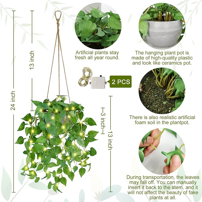 2 Pack Hanging Plant Fake Hanging Plants with LED Lights, Artificial Hanging Plant with Pots, Artificial Plants for Home Decor Wall Indoor Outdoor Office Decor