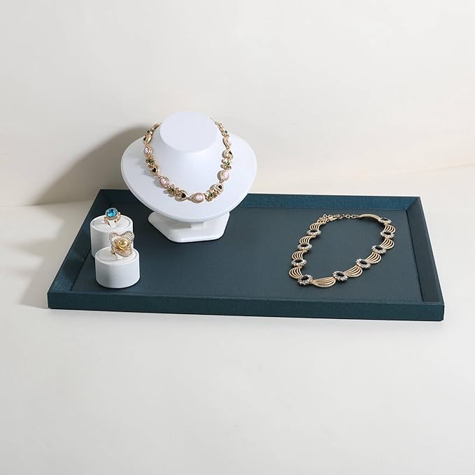 GemeShou Gemehou faux PU leather Jewelry Viewing Tray, Stackable Jewelry Plate, Rectangle Jewelry showcase, Empty Jewelry tray for Necklace Bracelet Ring Earring Watch (Green-Large, 17.7 x 11.8 in)