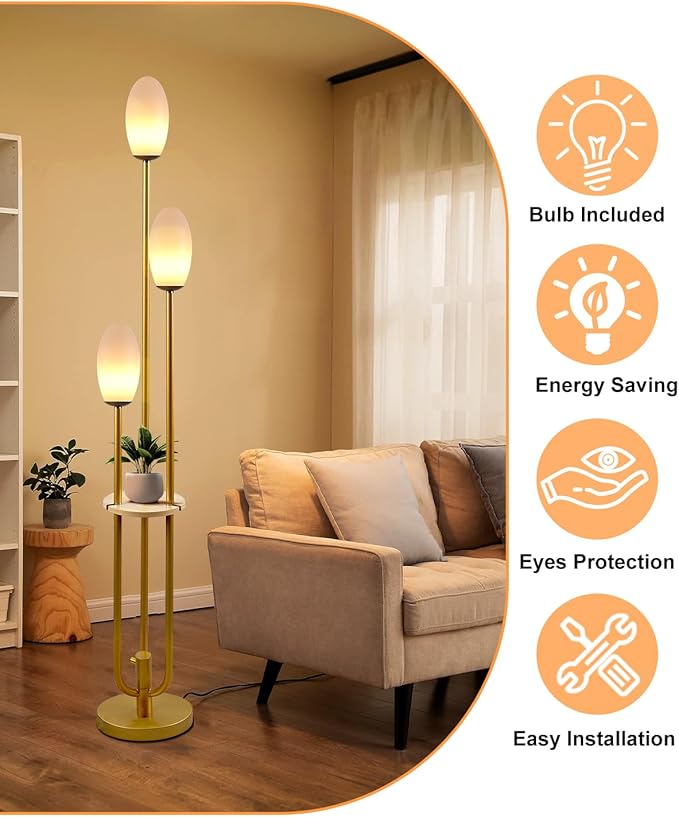 Lightdot Gold Dimmable Floor Lamp with Table, 63IN Mid-Century Oval Floor Lamps with Bulbs Included, 3-Lights Candle Holder Style Modern Tall Standing Lamp for Living Room/Sofa Beside/Corner Decor
