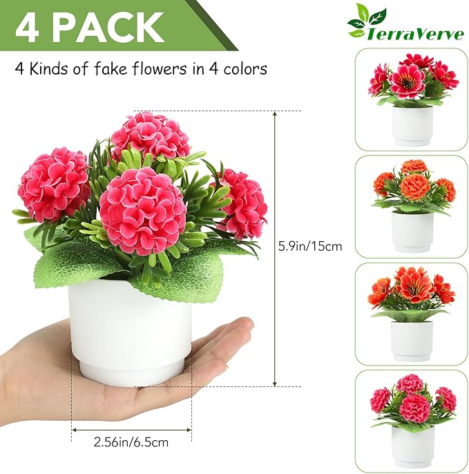 Artificial Plants Set of 4，High Rating Artificialke Flowers|Red Silk Flowers for Home, Office, Bedroom, Bathroom Table Décor & Gifts for Women and Children