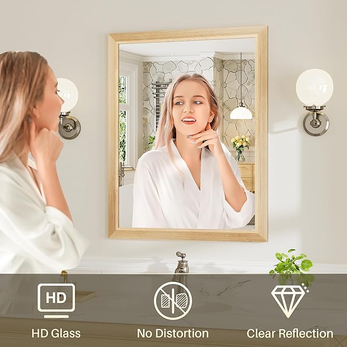 36x32 Inch Bathroom Mirror for Wall, Anti-Rust Oak Wood Grain Metal Framed Bathroom Mirrors for Over Sink,Rectangler Mirrors for Bathroom Vanity, Farmhouse, Bedroom, Living Room, Entryway Decor