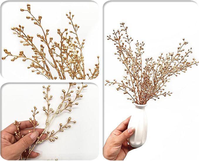 Artificial Golden Berry Stem Decorations, Fake Bead Sticks Picks Plastic Plants for Home Party Christmas Berries Stems Tree Ornaments Wreath Crafts DIY Gift Wedding Bouquet Xmas Decor Gold 6 Pcs