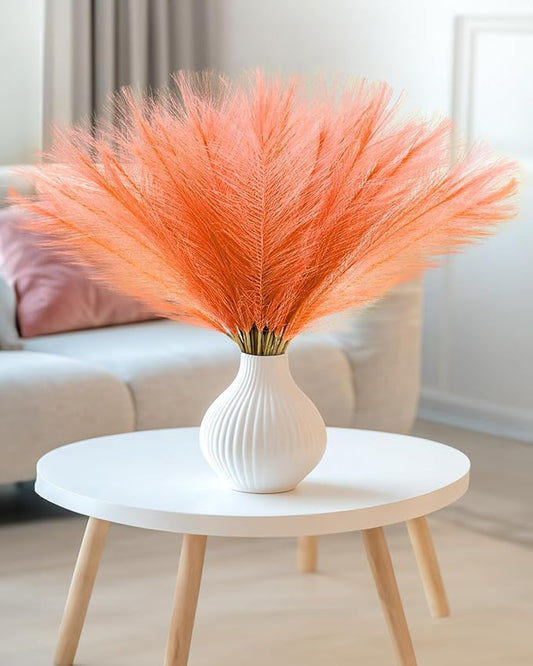 100pcs Orange Faux Pampas Grass Decor, 17.7inch Short Artificial Pompous Grass Fluffy Fall Fake Pompas Grass Branches Vase Filler Flower Arrangement for Home Wedding Boho Centerpieces Decor