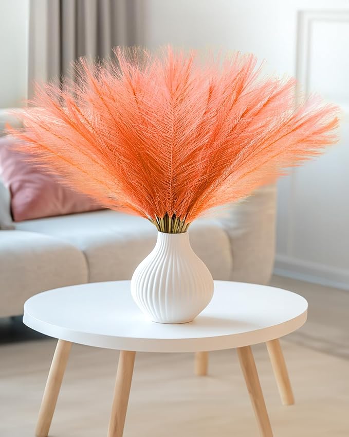60pcs Orange Faux Pampas Grass Decor, 17.7inch Short Artificial Pompous Grass Fluffy Fall Fake Pompas Grass Branches Vase Filler Flower Arrangement for Home Wedding Boho Centerpieces Decor