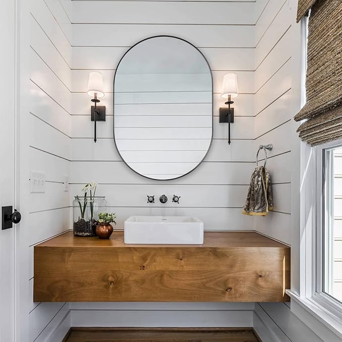 ANDY STAR Black Oval Mirror, 26x38'' Pill Shaped Mirror 1’’ Deep Metal Frame Wall Mounted Vertically&Horizontally Ideal for Limited Space