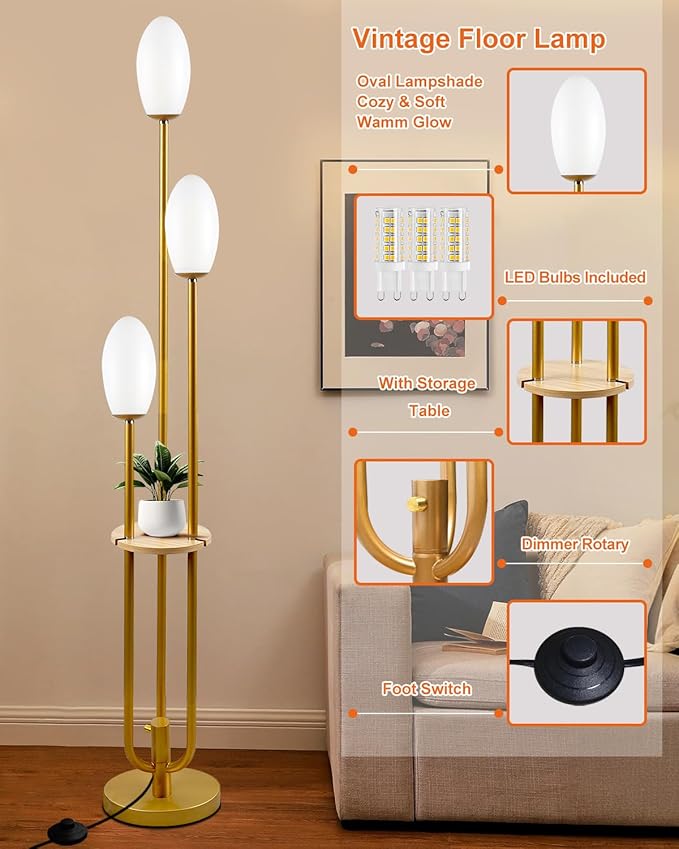 Lightdot Gold Dimmable Floor Lamp with Table, 63IN Mid-Century Oval Floor Lamps with Bulbs Included, 3-Lights Candle Holder Style Modern Tall Standing Lamp for Living Room/Sofa Beside/Corner Decor