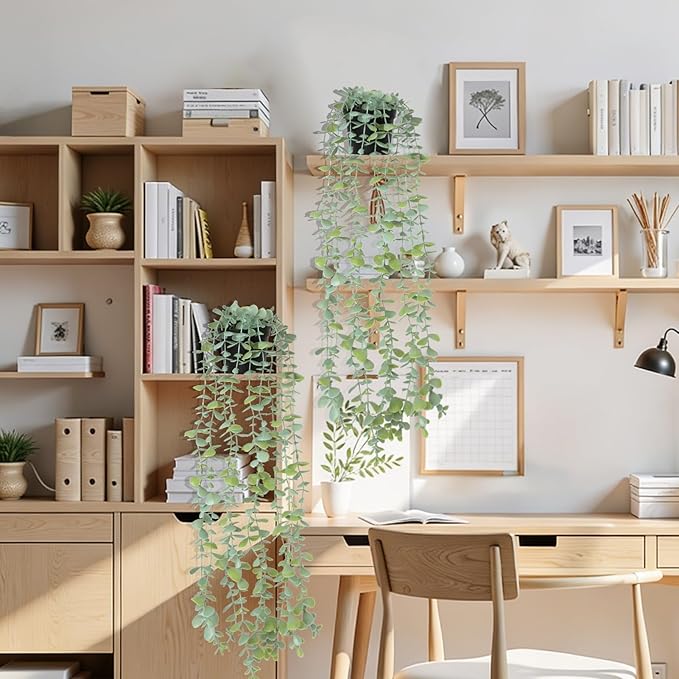echosari 2 PCS Fake Hanging Plants, Artificial Potted Plants Eucalyptus, Greenery Faux Plants Indoor for Modern Boho Home Bedroom Wall Book Shelf Decor