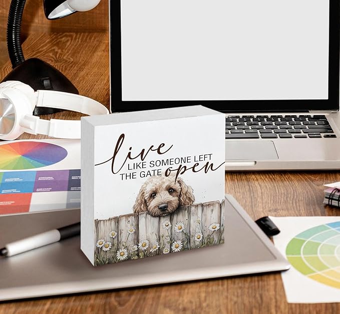 Goldendoodle Wooden Box Sign, Rustic Farmhouse Live Like Someone Left the Gate Open Signs for Home Decor,Farm Dog Office Kitchen Bedroom Decor,Goldendoodle Gifts for Kids Women Men,8x8