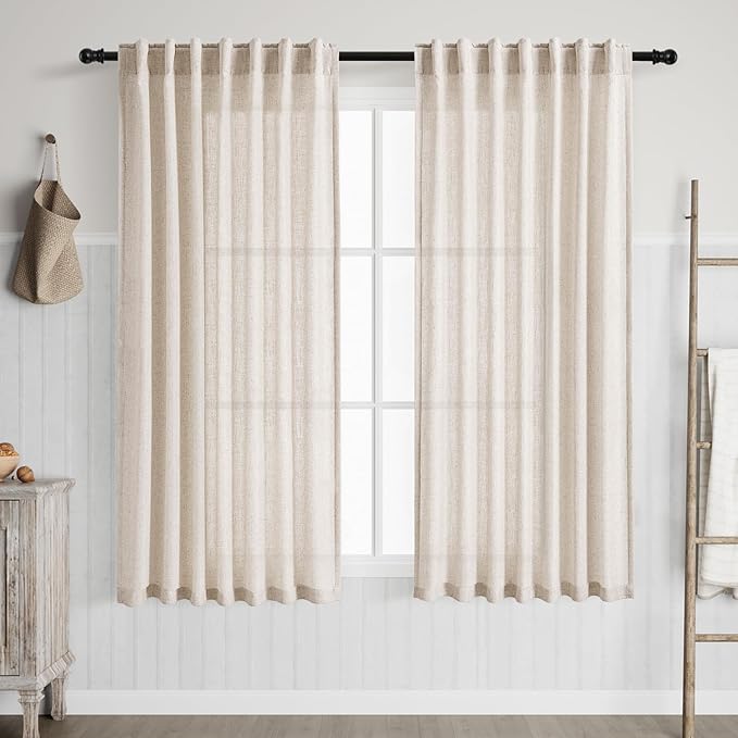 Nanspring Beige Linen Back Tab Curtains for Bedroom 64 Inch Length 2 Panels Set Neutral Modern Farmhouse Window Drapes Semi Sheer Light Filtering Rod Pocket Curtain for Living Room Home Decor W52xL64