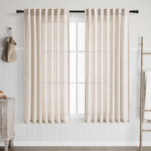 Nanspring Beige Linen Back Tab Curtains for Bedroom 64 Inch Length 2 Panels Set Neutral Modern Farmhouse Window Drapes Semi Sheer Light Filtering Rod Pocket Curtain for Living Room Home Decor W52xL64