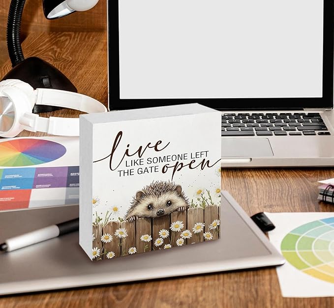 Hedgehog Wooden Box Sign -Rustic Farmhouse Live Like Someone Left the Gate Open Signs for Home Decor, Farm Cottagecore Animal Office Kitchen Bedroom Decor, Hedgehog Gifts for Women, 8x8