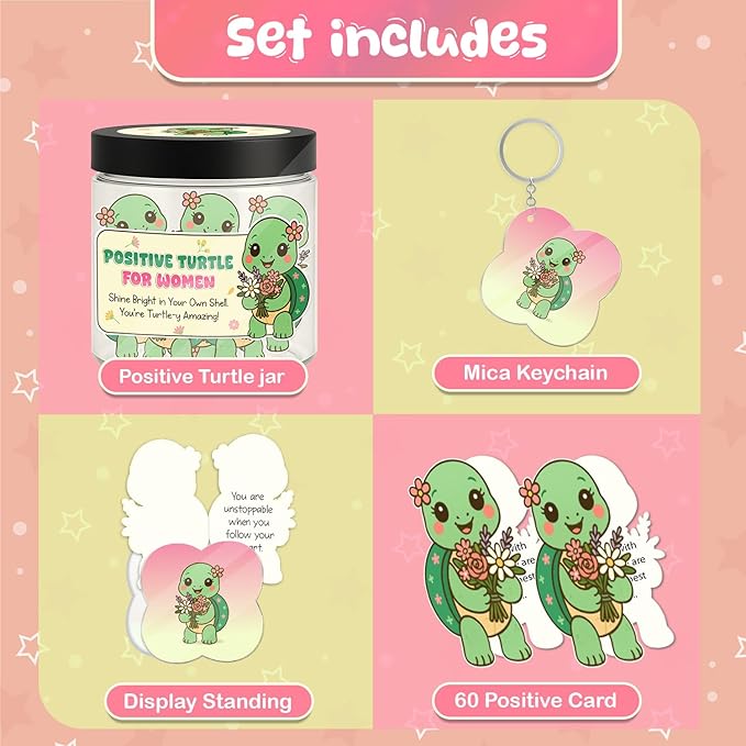 Positive Turtle Affirmation Jar for Women – 60 Daily Motivational Cards, Self Care & Encouragement Gift with Acrylic Keychain and Display Stand, Inspirational Message Jar for Positivity and Confidence