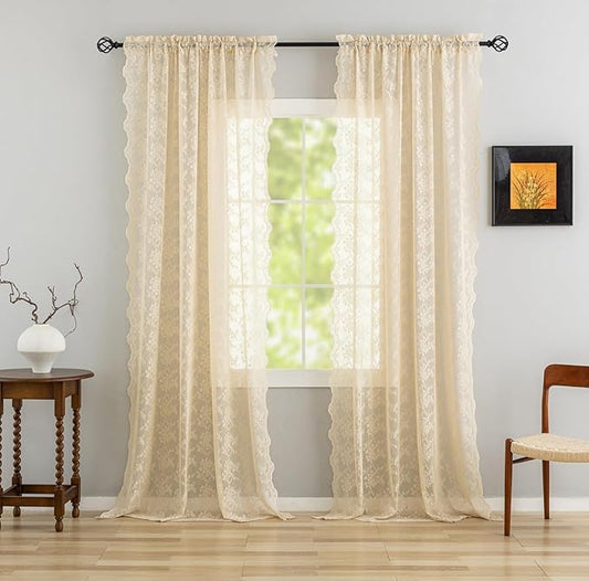 Beige 102 inch Long Curtains 2 Panels Victorian Sheer Lace Curtains for Living Room Home Office Light Filtering Window Treatments Ceiling to Floor for Large Window W52 X L102 Light Beige