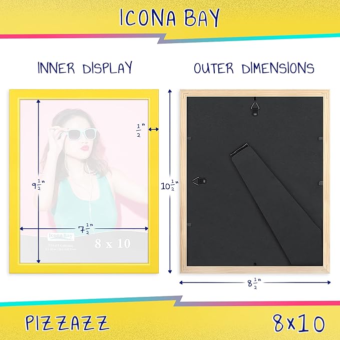 Icona Bay 8x10 Picture Frames (Yellow, 3 Pack), Colored Solid Wood Scandinavian Style Frames for Photo, Pizzazz Collection