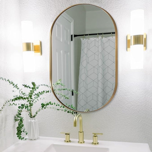 ANDY STAR Gold Oval Mirror, 24’’x36’’ Brass Mirror for Wall, Oval Mirrors for Bathroom in Stainless Steel Metal 1’’ Thin Frame Pill Shaped Hangs Vertical or Horizontal Ideal for Limited Space